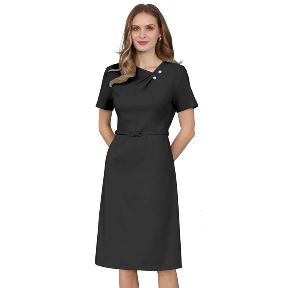 Women Elegant A Line Short Sleeve Asymmetrical Neck Dress Black